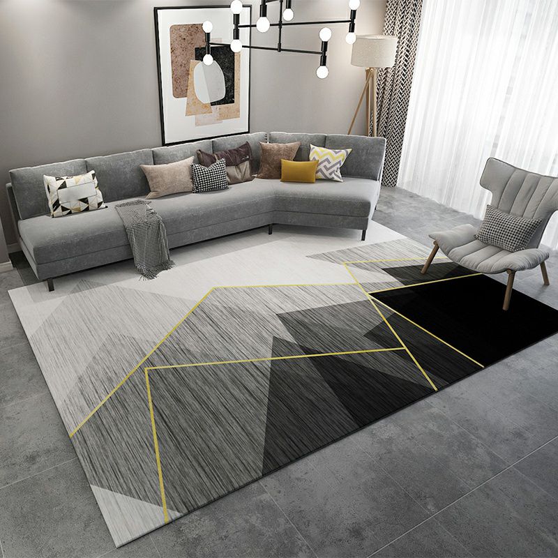 Grey Geometry Print Rug Polyester Contemporary Carpet Stain Resistant Area Rug for Living Room