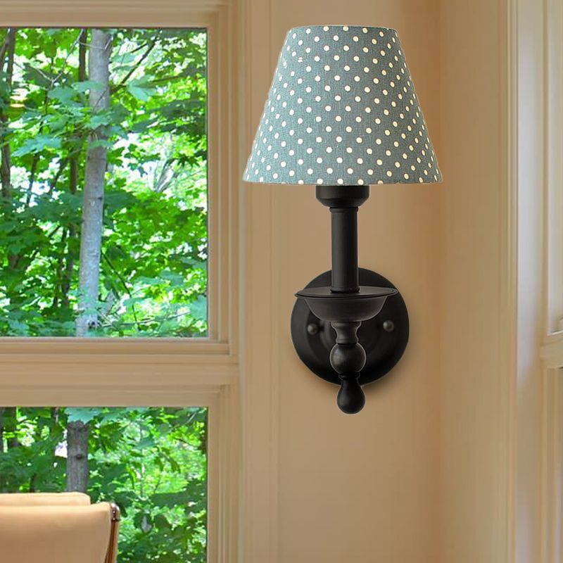 Modern Tapered Sconce Light Fixture 1-Light Metal Wall Mounted Light with Dot Fabric Shade in Coffee/Blue