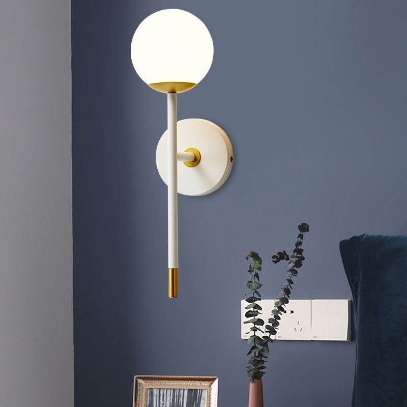 Long Arm Bedside Wall Lamp Kit Milk Frosted Glass Single Simple Sconce Fixture in White-Brass