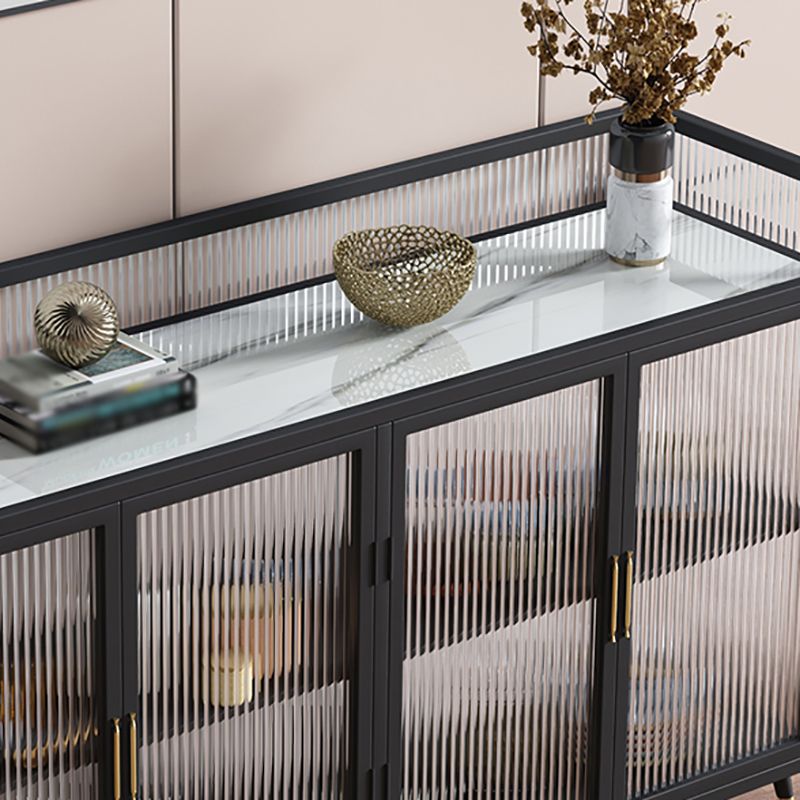 Glam Iron Sideboard Glass Doors Dining Server with Stone Countertop for Living Room