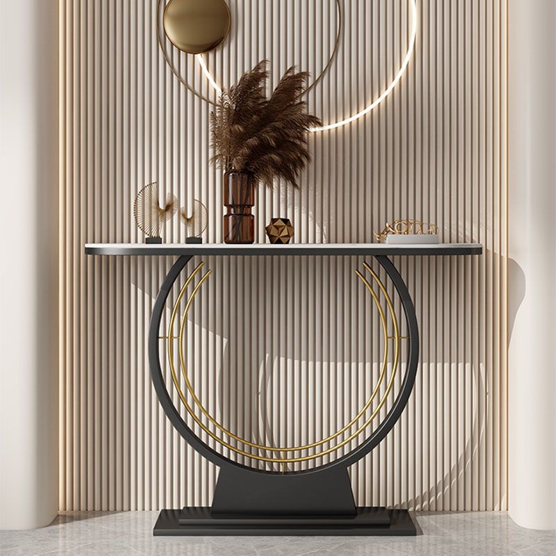 Contemporary Iron Console Sofa Table Stone Half Moon End Table for Hall