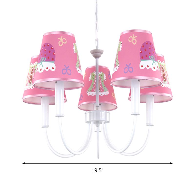 Cartoon Giraffe Hanging Light with Tapered Shade 5 Heads Metal Chandelier in Pink for Girls Room
