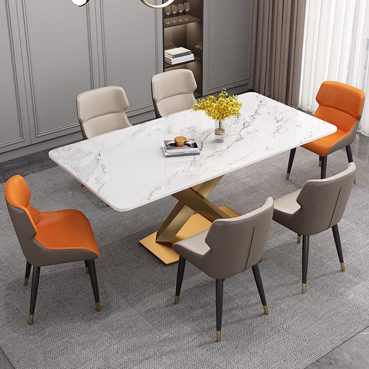 Luxury Sintered Stone Top Dining Table Rectangle Table with Single Pedestal in Gold