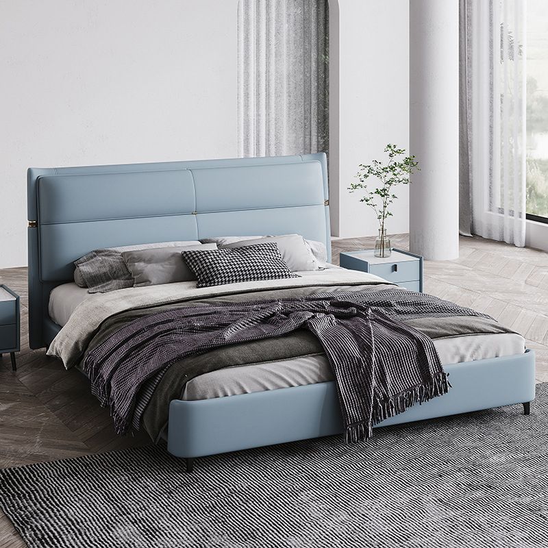 Leather Upholstered Rectangular Panel Bed Standard Bed Frame in Blue