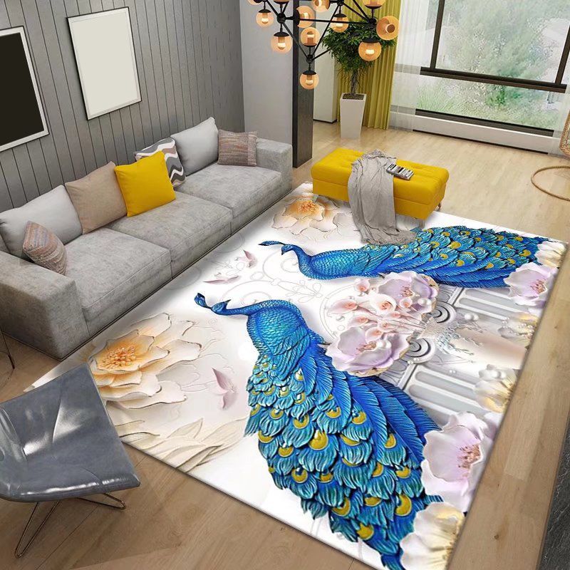 Blue Gorgeous Rug Polyester Peacock Rug Stain Resistant Rug for Living Room