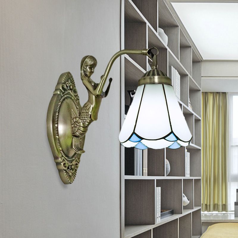 1 Head Conical Wall Sconce Lighting Mission White/Beige Glass Wall Mount Light Fixture with Mermaid Backplate