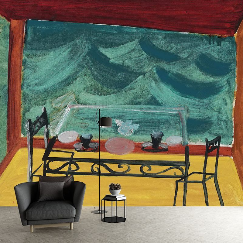 Illustration Tea Time Wallpaper Mural for Accent Wall, Red-Yellow-Green, Custom Printed