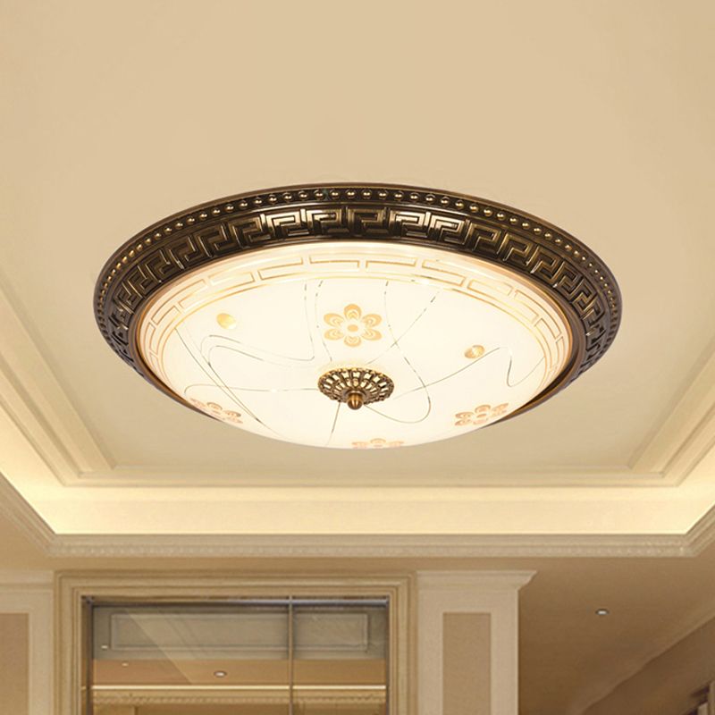 12.5"/15"/19" Wide LED Ceiling Flush Antiqued Bowl Shade Veined Glass Flush Mount Lamp Fixture in Gold, Warm/White Light