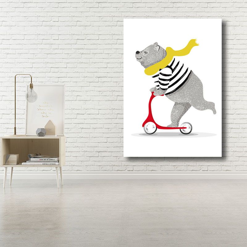 Cartoon Bear on Scooter Art Print Canvas Decorative Grey Wall Decor for Children Room