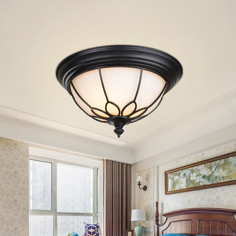 6"/7"/8.5" W Retro Hemisphere Flush Light Opal Frosted Glass LED Flush Mount Ceiling Lamp with Cage Guard in Black/Gold