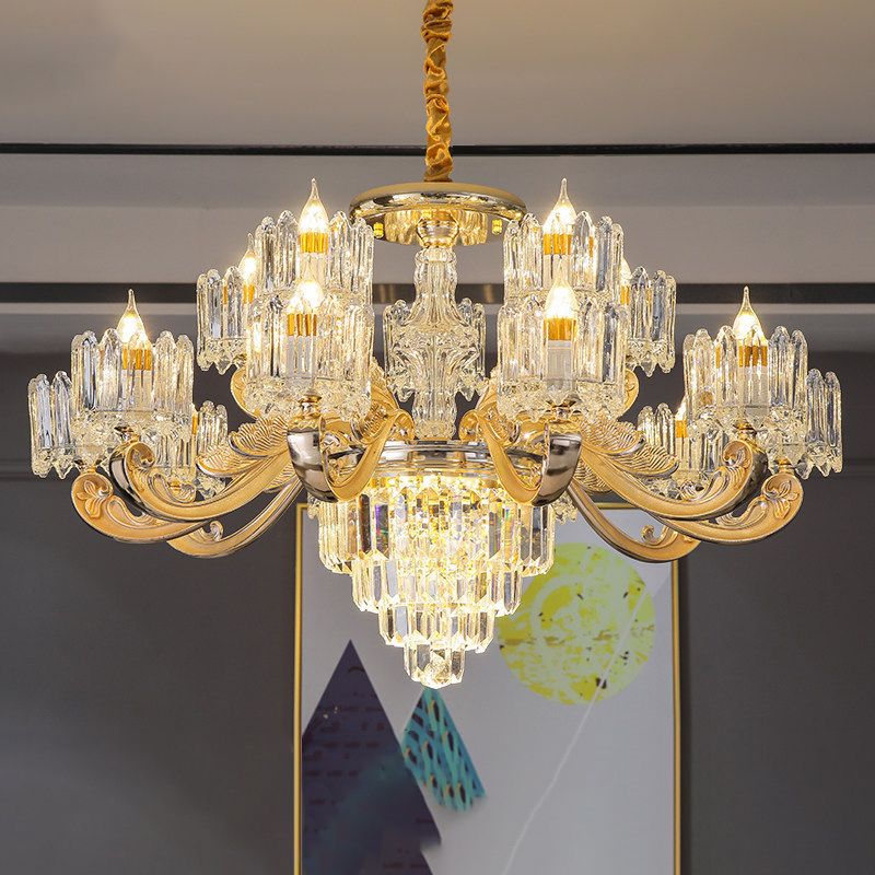 Cylindrical Shaped Living Room Chandelier Light Retro Clear Glass Gold Pendant Light with Layered Crystal Decor