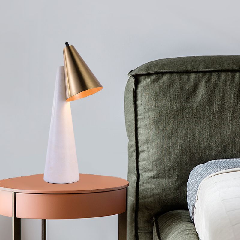 White Conical Table Lighting Minimalist 1 Light Marble Nightstand Lamp with Metal Shade