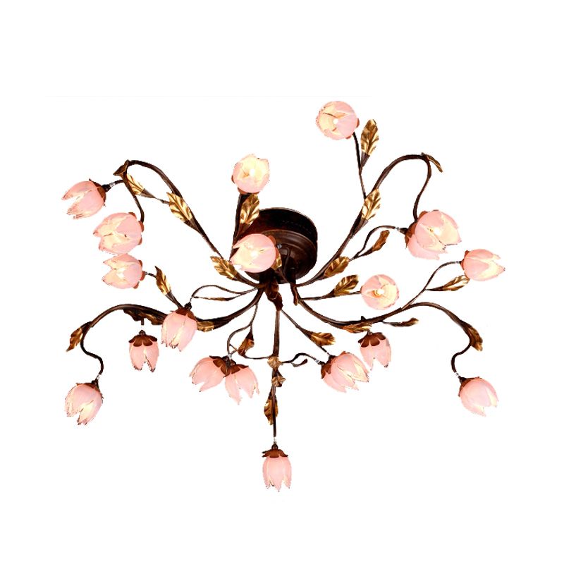 Metal Dark Brown Semi Flush Lotus 20 Bulbs American Garden LED Close to Ceiling Lamp for Study Room