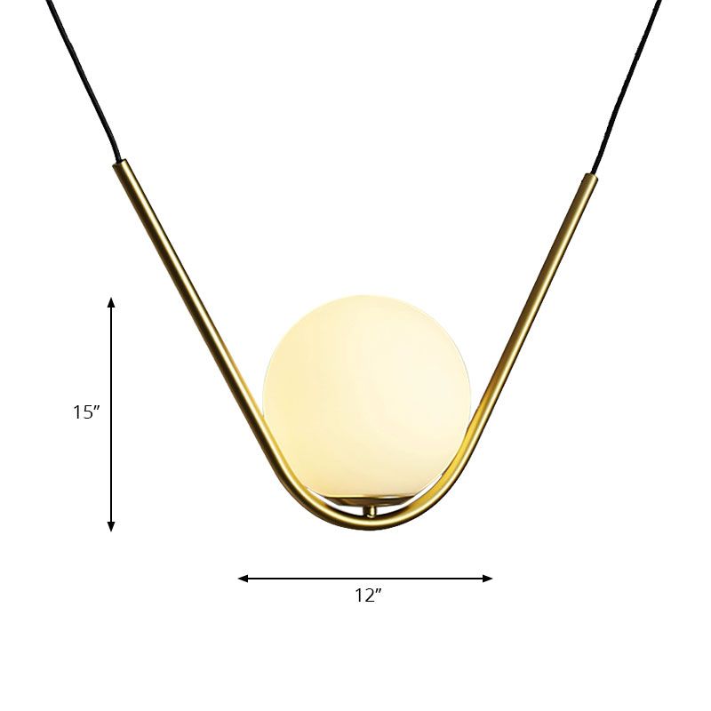 Gold Ball Pendant Light Post Modern Led White Glass Hanging Lamp with V Shape Rod for Dining Room