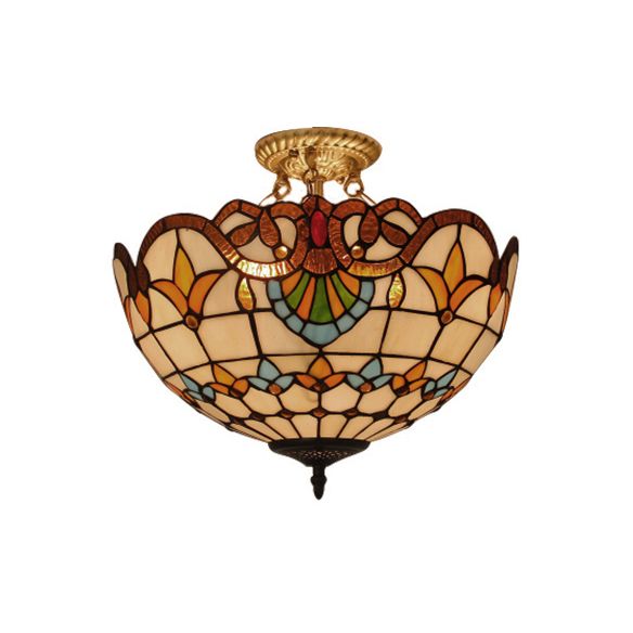Victorian Designed Ceiling Fixture Tiffany Stylish Beige/Red/Orange/Brown/Blue/Purplish Blue Glass Semi Flush Ceiling Light for Study Room