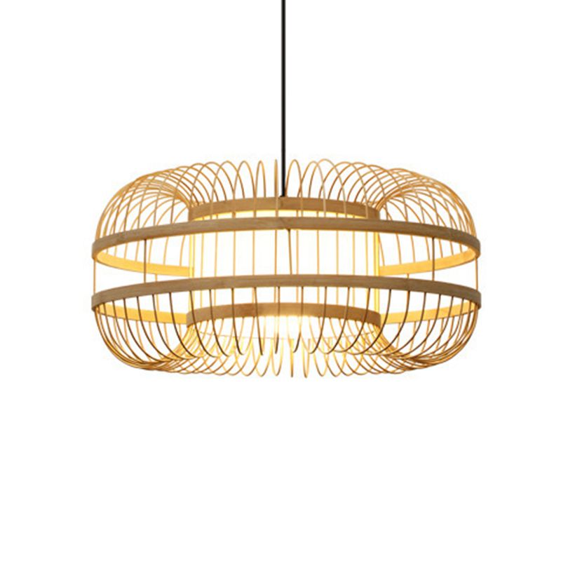 Beige 1-Light Japanese Hanging Lamp Kit Lantern Silk Pendant for Dining Room