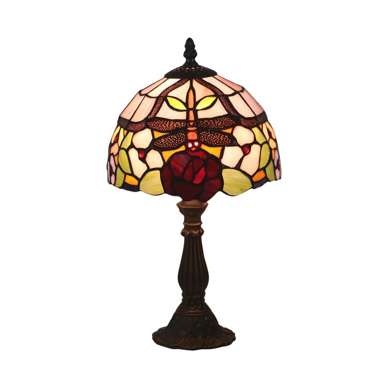 Lampada da tavolo in vetro colorato rosso/arancione con paralume a cupola, lampada da scrivania vittoriana a 1 luce con libellula e motivi floreali