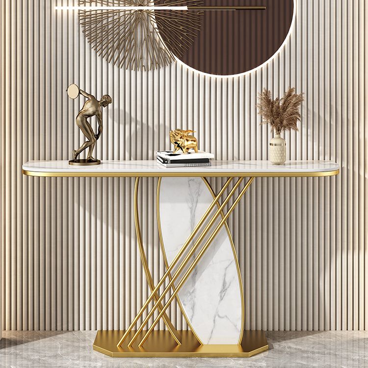 Stone Half Moon Accent Table with Iron Pedestal Base for Hall