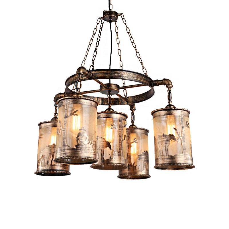 Antiquise Bronze Cylinder Shade Chandelier Lampe Coastal Metal and Fabric 5/7 Lumières Salon Hanging Light