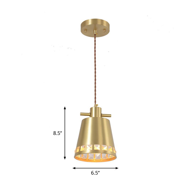Metal Conical Down Lighting Post Modern 1 Head Brass Pendant with Crystal Embedded Edge Design
