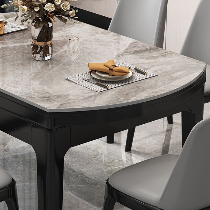Modern Round Grey Stone Top Extendable Retractable Dining Table with 4 Rubberwood Black Legs
