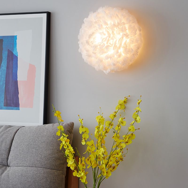 Modern Metal Wall Sconce Geometric Shape Wall Light with Feather Shade for Bedroom