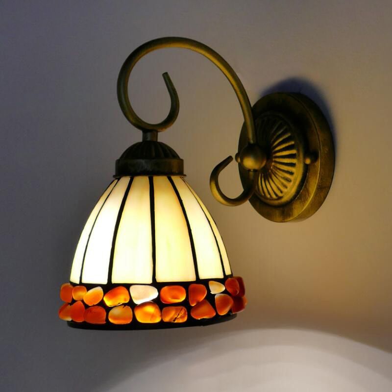 Dome Wall Lighting Idea Tiffany Stained/Beige/Green Stained Glass 1 Light White/Brass Sconce Light Fixture with Stone Deco