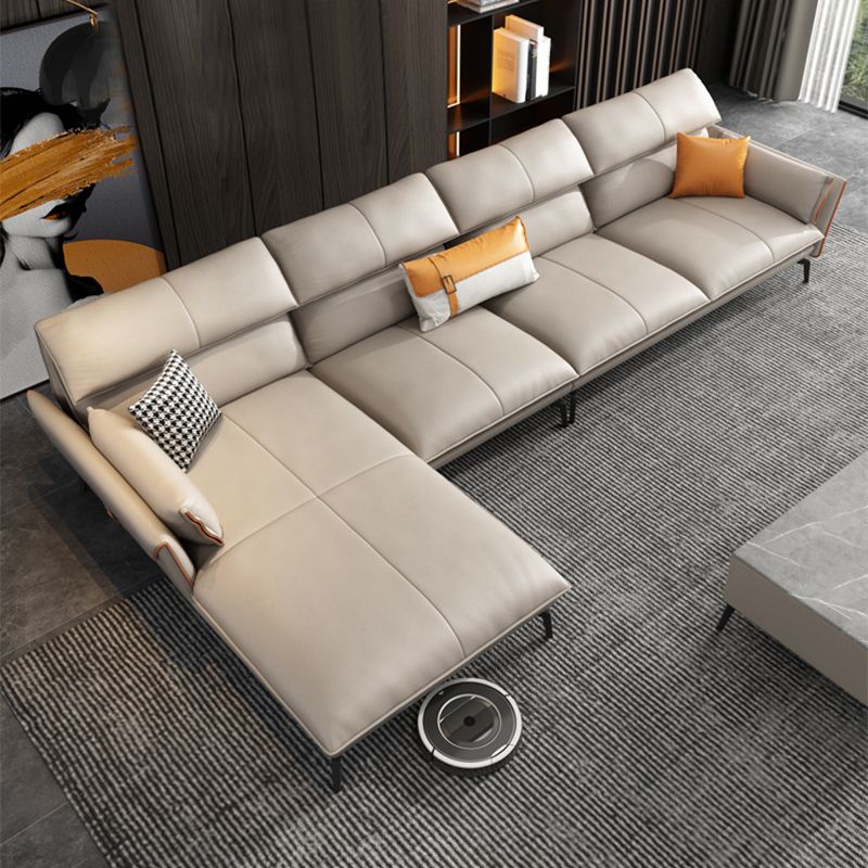 Flared Arm Genuine Leather Sectional 4-seat L-shape Sectional with Pillows