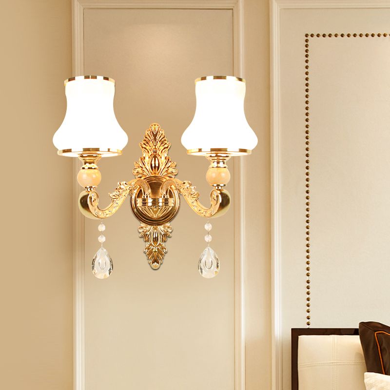 Opal Glass Gold Wall Light Flower Shade Antique Wall Lighting Fixture with Crystal Accent
