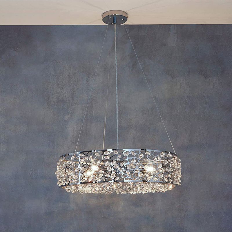 Modernism Drum Shade Pendant Chandelier 4 Lights Crystal Encrusted Hanging Lighting in Chrome