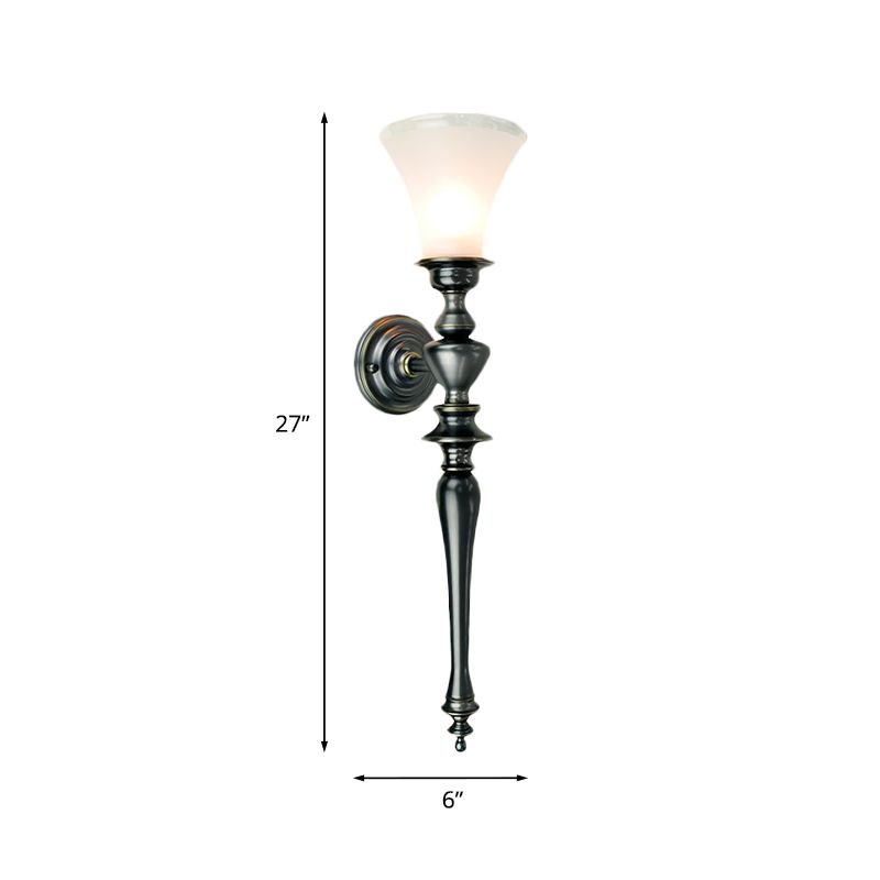 1 Bulb Sconce Light Fixture with Tapered Milky Glass Vintage Wall Mount Lamp in Black