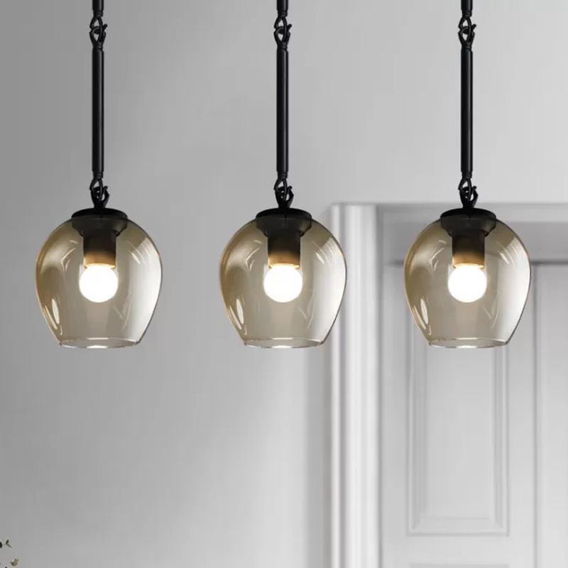 Retro Wine Cup Clear Dimple Glass Pendant 1 Head Hanging Ceiling Light in Black/Gold for Kitchen