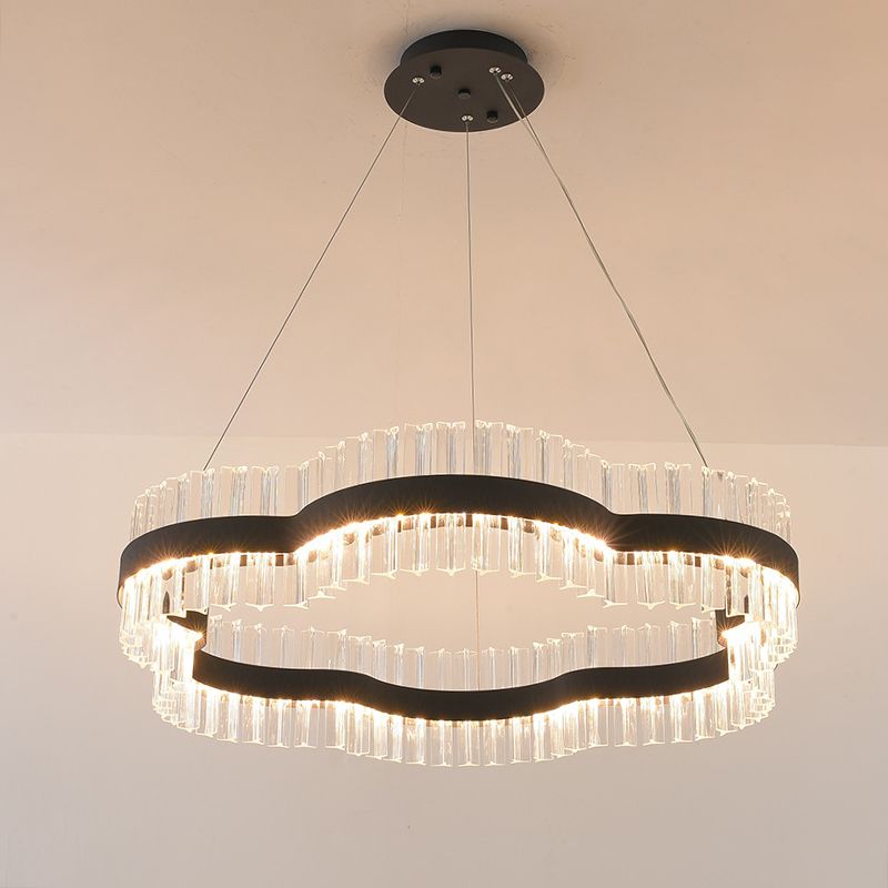 1/2 niveaux de fleur salon plafond lustre cristal 23,5 "/31,5" LED de large kit de lumière suspendue minimaliste en noir / or