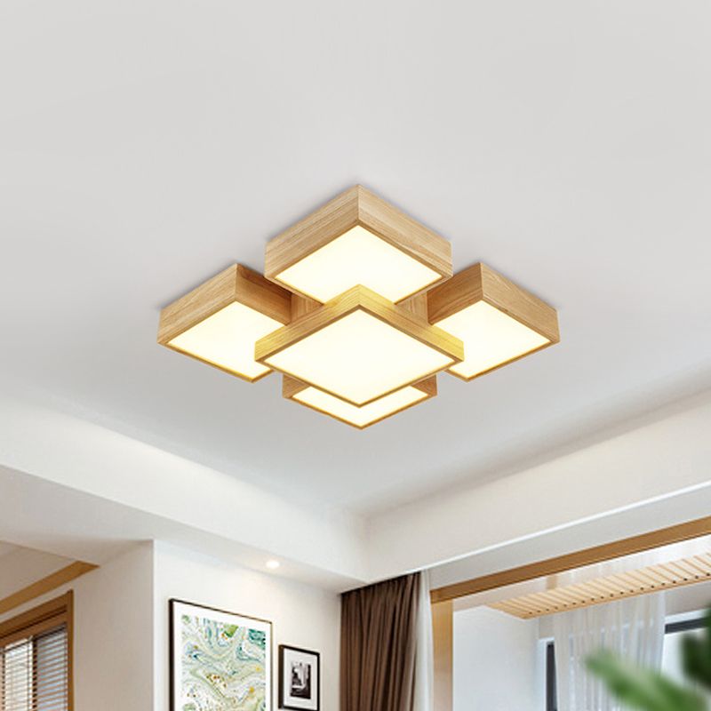 Beige Square Flush Mount Light Fixture Modernist 26"/31.5" Width LED Wood Ceiling Lighting