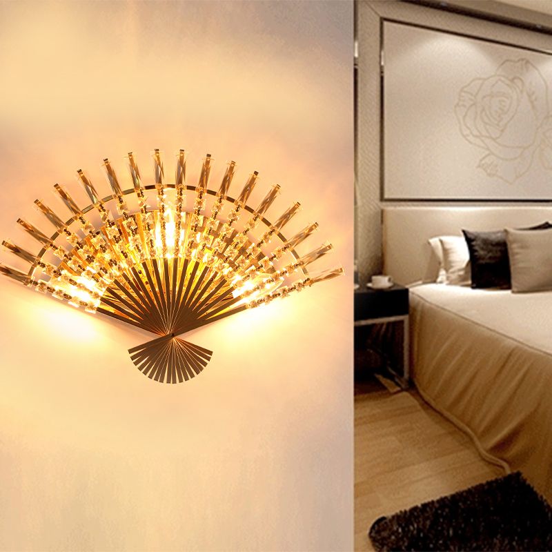 Goldene fächerförmige Wandleuchte im Vintage-Stil, 3 Lichter, Wandleuchte aus Metall mit klarer Kristallverzierung