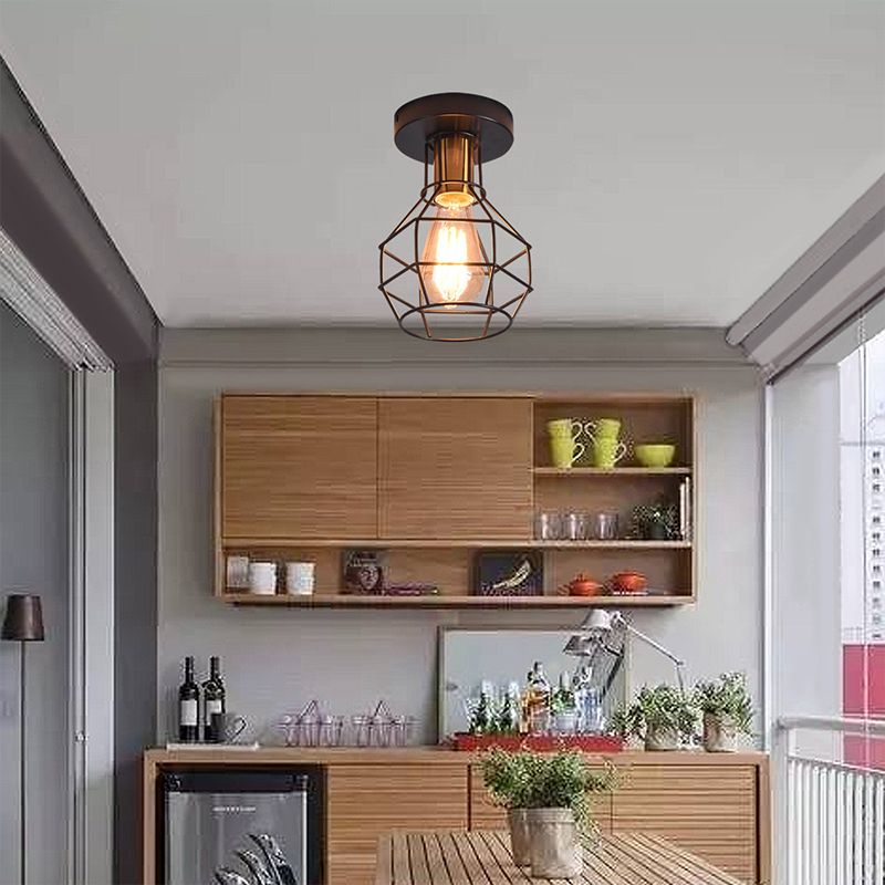 Luz de techo de balcón industrial de montura semi de montura de 1 luz con jaula de metal en forma de bola en negro