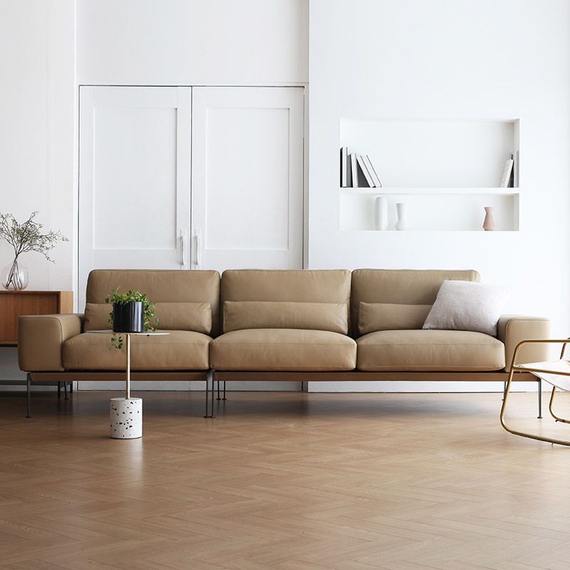 32" High Genuine Leather Square Arm Modern Sofa with Bolster Pillows, Brown