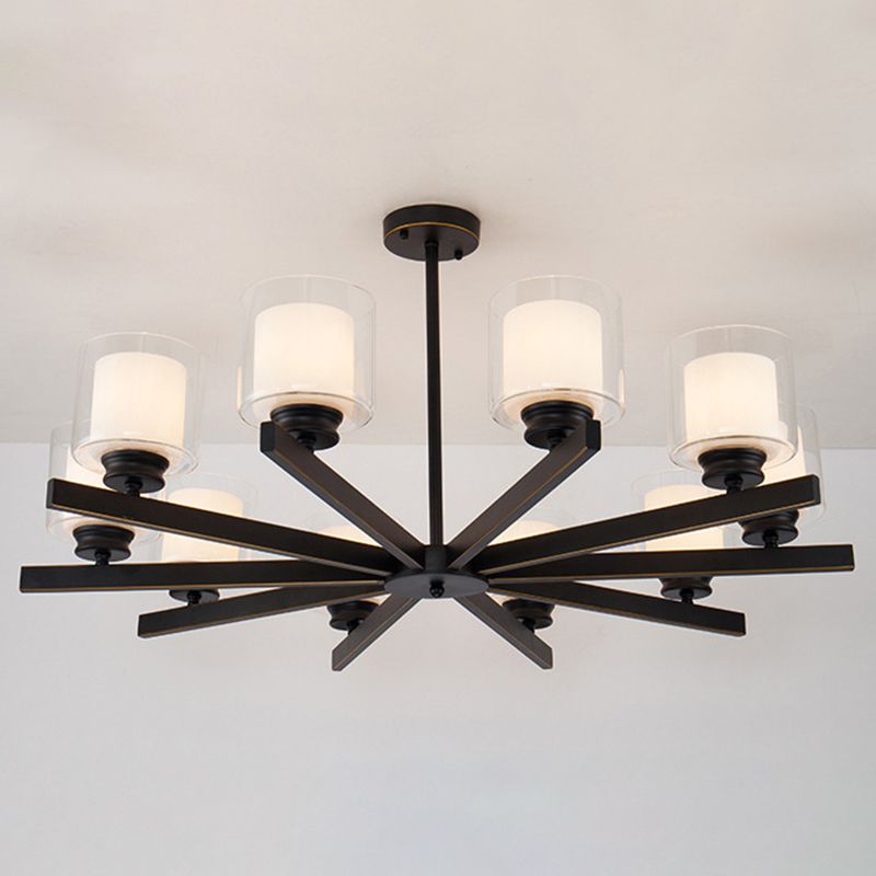 Nordic Style Metal Lighting Chandelier Cylindrical Double-layer Glass Shade Suspension Light for Dining Room