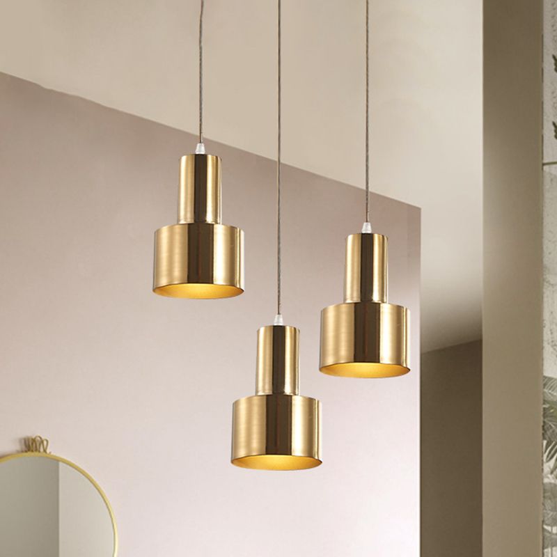 Metal Cylinder Suspension Lamp Colonial 3 Lights Kitchen Cluster Pendant Light in Gold with Linear/Round Canopy