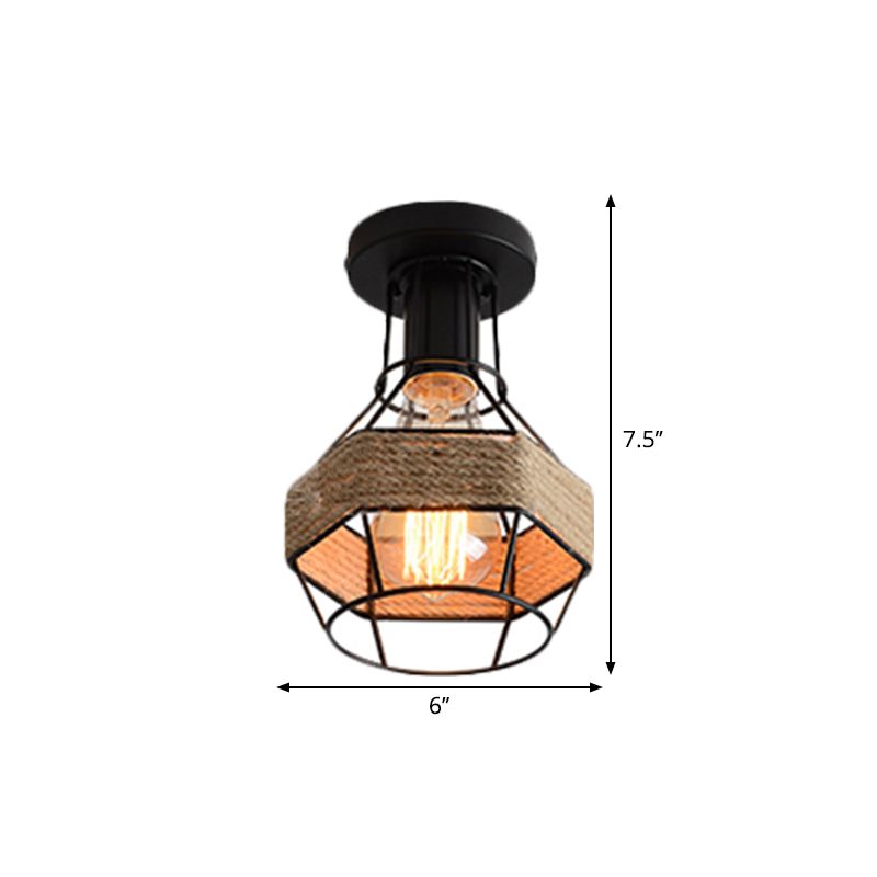 Black 1 Bulb Semi Flush Mount Light Lodge Style Metal and Rope Globe/Diamond Cage Ceiling Fixture for Hallway