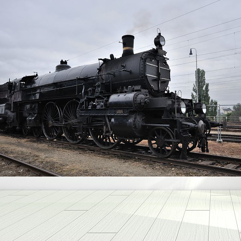 Train Printed Mural Decal Industrial Non-Woven Texture Wall Covering in Pastel Color