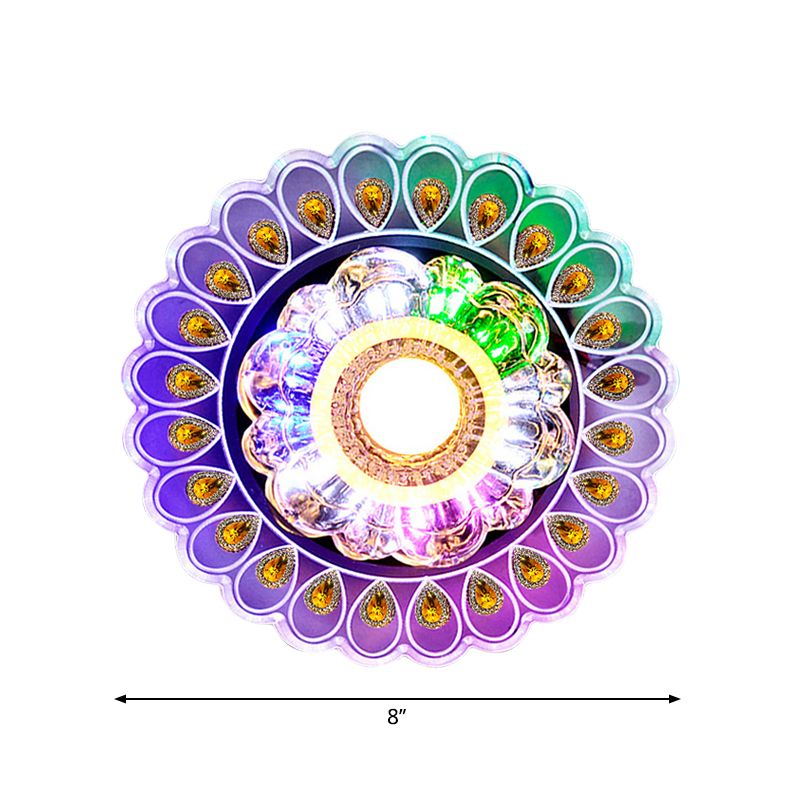 Simple Flower Flushmount Clear Crystal LED Corridor Close to Ceiling Light with Peacock Tail Edge