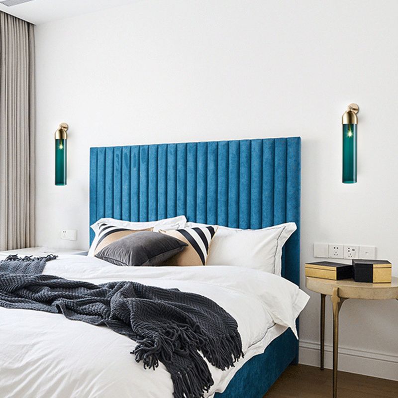 Tube Sconce Light Modernist Blue/Clear/Amber Glass 1 Bulb Wall Mounted Lamp with Curved Arm for Bedside