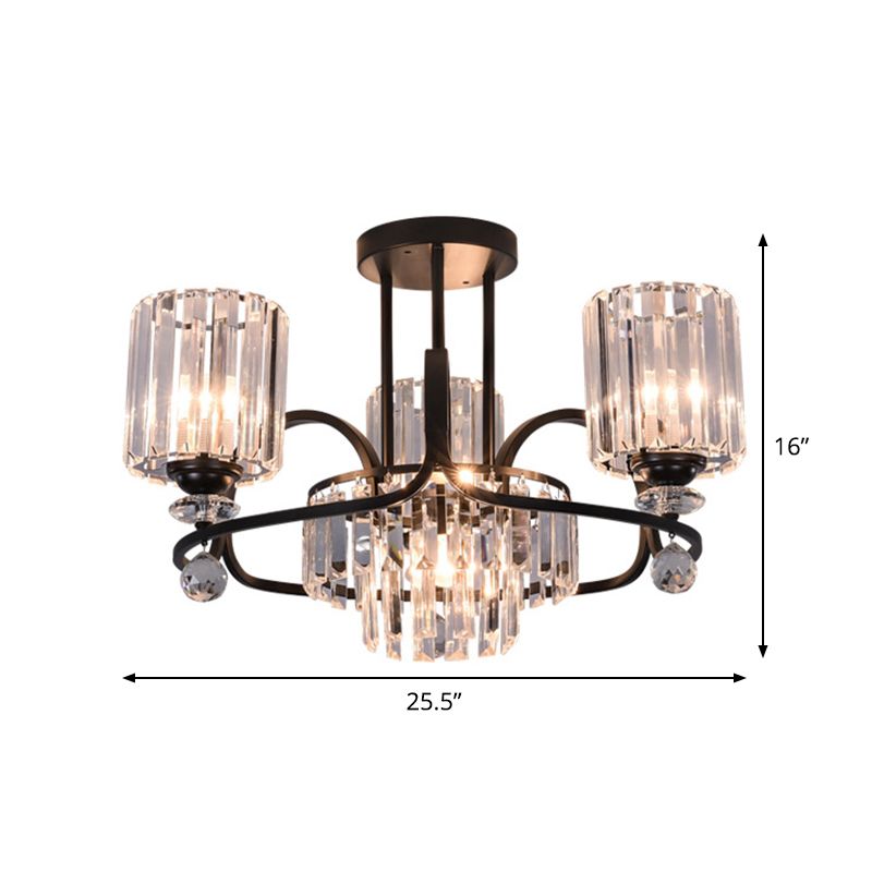 Cylindrical Suspension Lamp Modernist Crystal Prisms 4-Bulb Drawing Room Ceiling Chandelier in Black