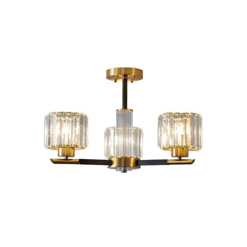 Simplicity Cylinder Semi Mount Lighting 3/6 Lights Crystal Block Ceiling Light in Black and Gold