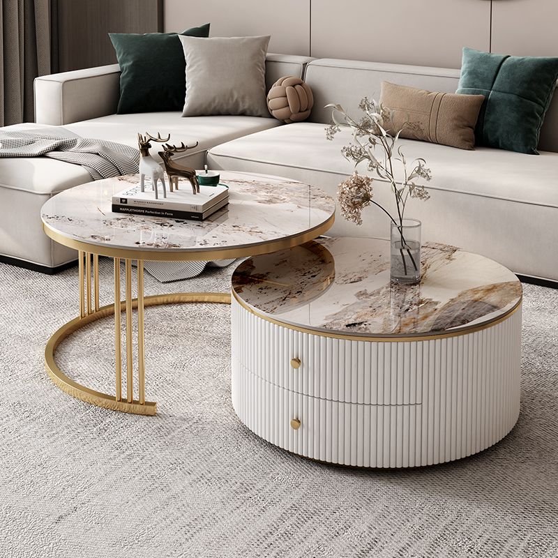 Round Frame Coffee Table Slate Nesting Coffee Table Set with Storage