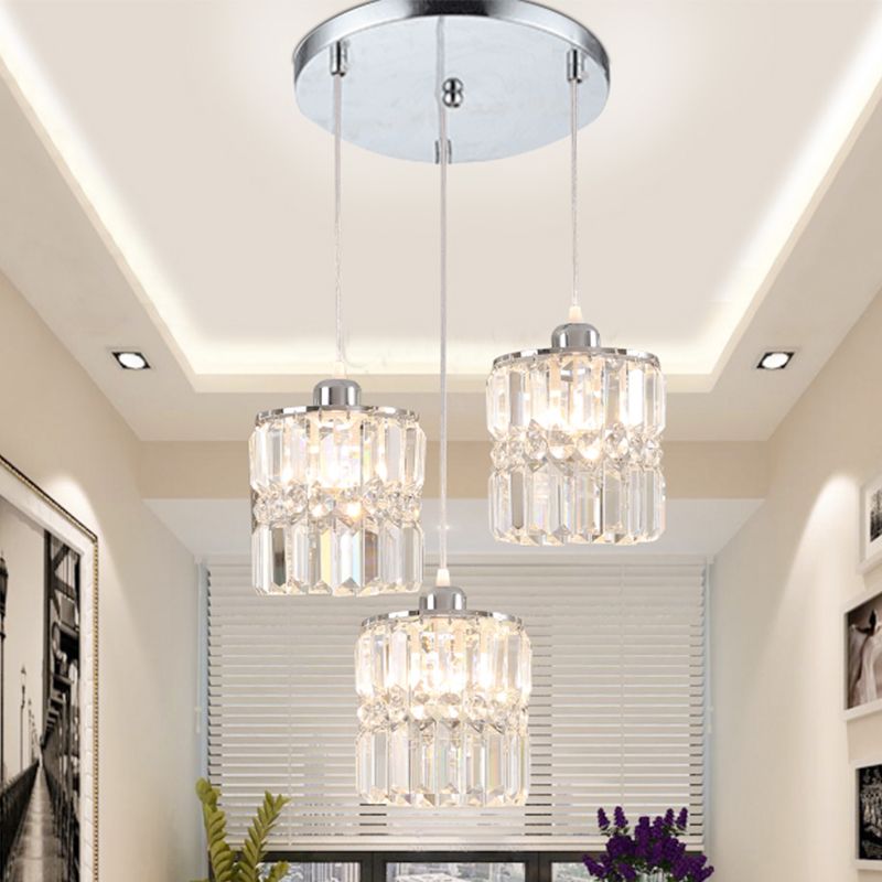 Säulen Esszimmer Cluster Anhänger Einfacher K9 -Kristall 3 Lampen -Chrom -Federlampe