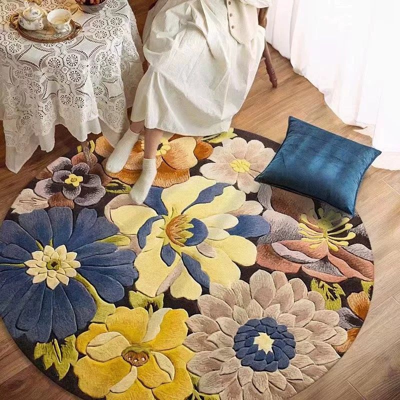 Round Floral Print Rug Casual Polyester Carpet Stain Resistant Area Carpet for Living Room