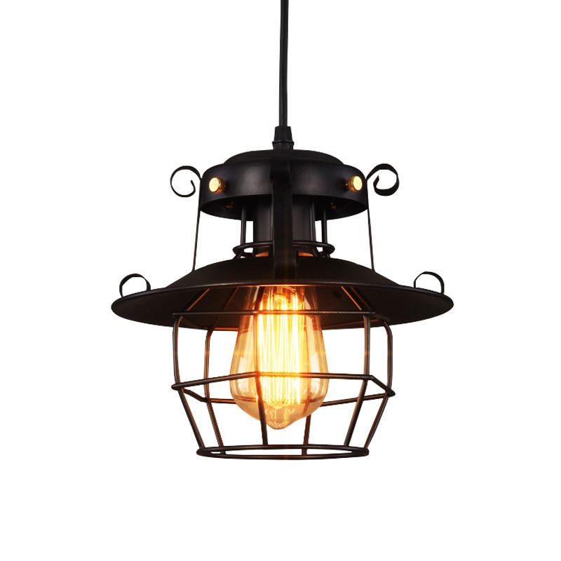 1-Bulb Ceiling Hanging Lantern Rustic Dining Room Down Lighting Pendant with Wire Cage in Black