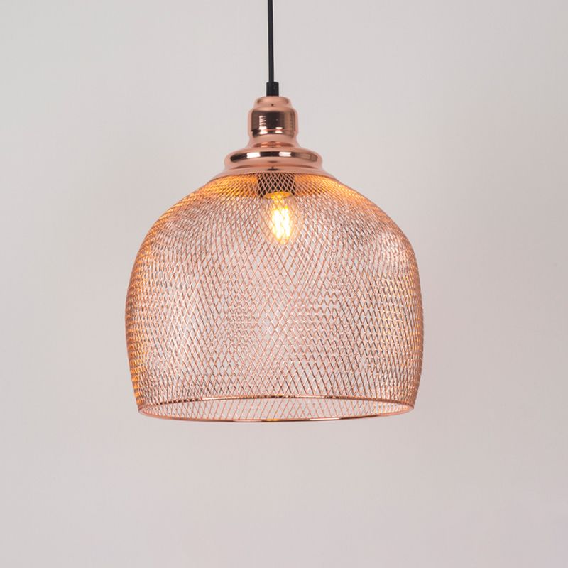 1 Bulb Globe/Dome Cage Pendant Lamp Industrial Rose Gold Finish Metal Down Lighting for Dining Room